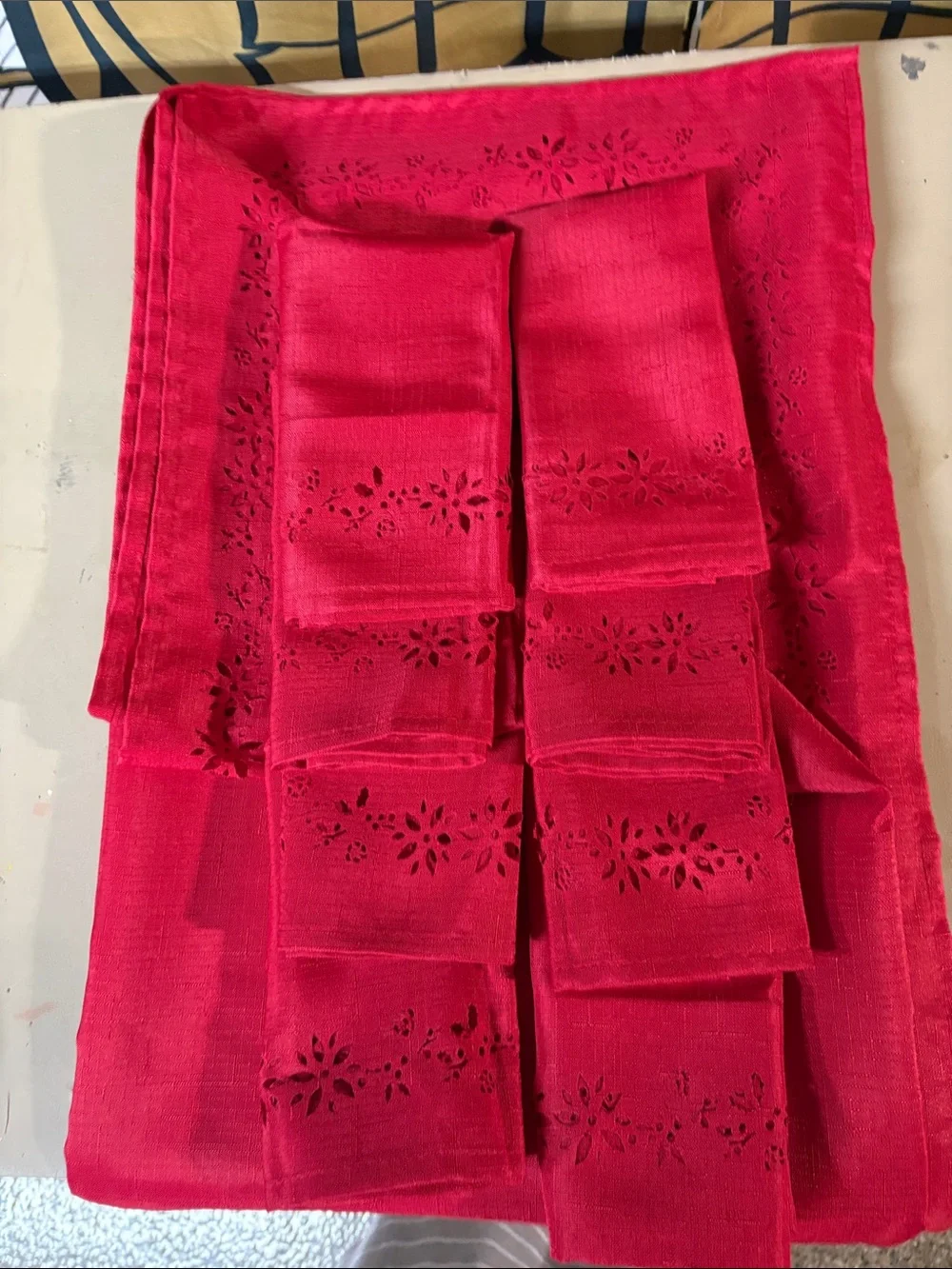 Red Cutwork Table Cloth 60”Wx120”L 8 Napkins - Red